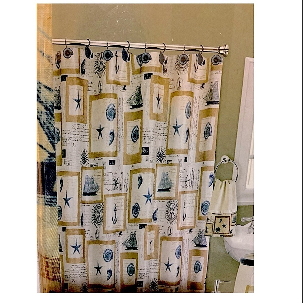 Nautical Seashell Beach Fabric Shower Curtain Beige Blue Popular Bath 70x72” NEW